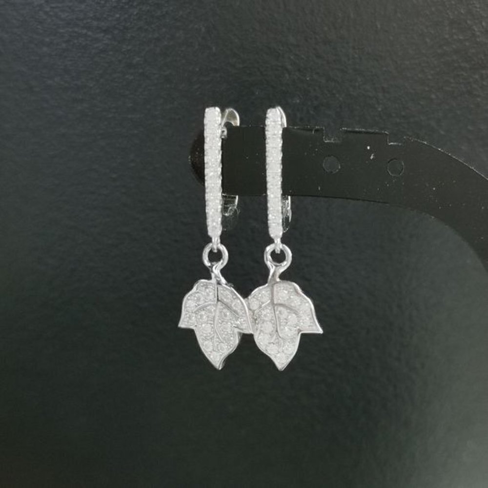 New Sterling silver cz modernist lever back earrings leaf design